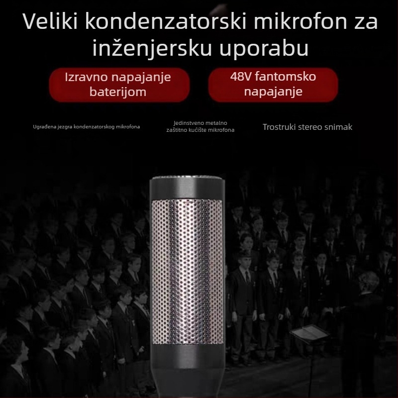 Kondenzatorski mikrofon za zbor, žični, namijenjen školskim nastupima i voditeljima na pozornici, u aluminijskoj kutiji za pakiranje, s dugim dometom snimanja.