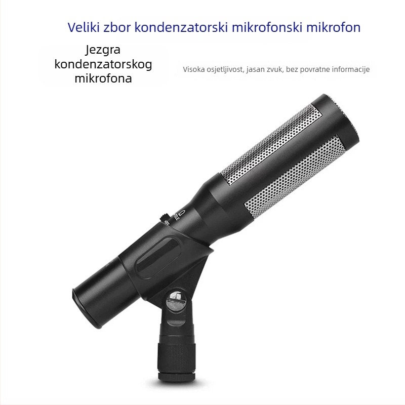 Kondenzatorski mikrofon za zbor, žični, namijenjen školskim nastupima i voditeljima na pozornici, u aluminijskoj kutiji za pakiranje, s dugim dometom snimanja.