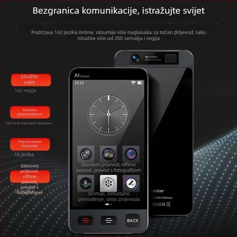 Pametni AI prevoditelj s offline prijevodom i prevođenjem putem fotografije, istovremeni prijevod, model M80, podrška više jezika, Bluetooth domet 10 m