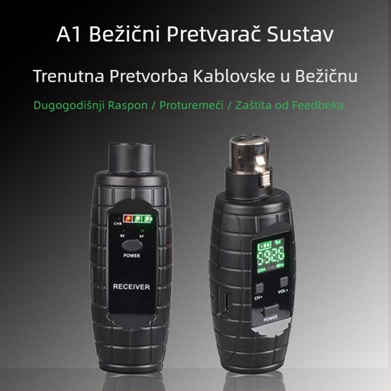 A2 Ručni dinamički mikrofon s bežičnim prijenosom (UHF) – Model A2; Senzor: dinamički; SNR ≥ 95 dB; Baterija: Ne; Porijeklo: Jiangmen