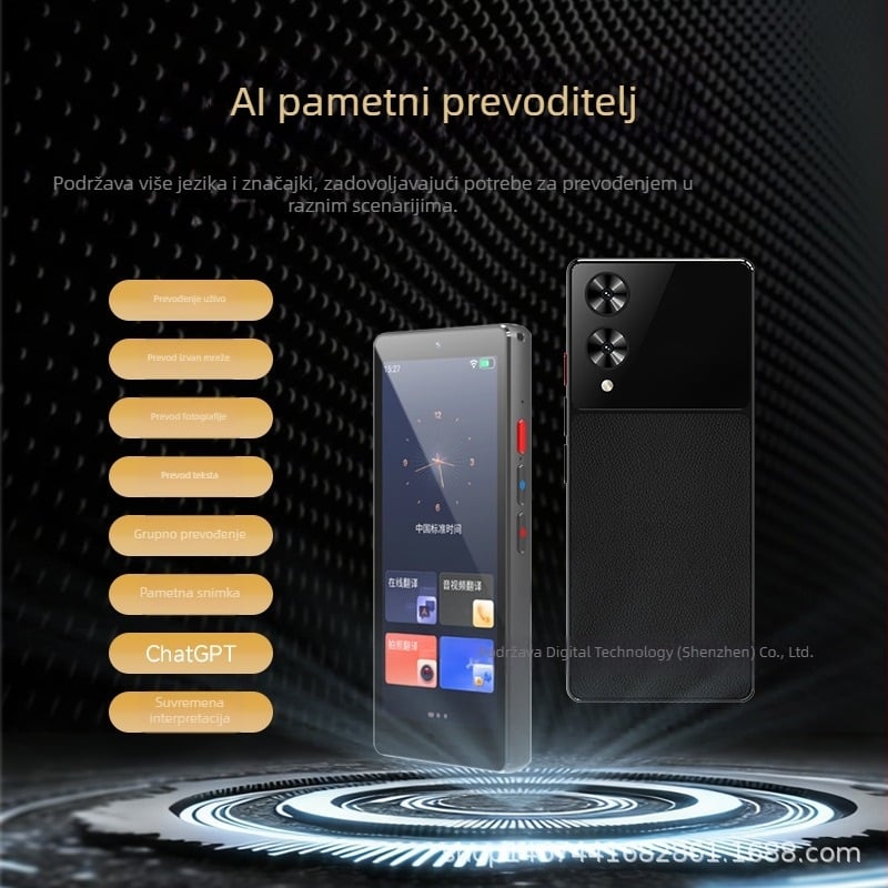 Audio-video prevoditelj za globalnu komunikaciju s offline prijevodom i simultanim prevođenjem, prijevod fotografija i snimanje prijevoda — Android, Bluetooth, doseg 10 m, upravljanje gumbima i dodirnim zaslonom, metalno kućište