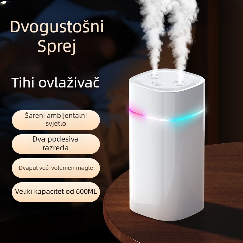 Zračni ovlaživač s dvostrukim izlazima magle, veliki volumen magle, USB napajanje, spremnik 0,5–1 L, pogodan za 31–40 m²
