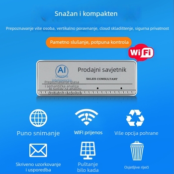 WiFi pametni bedž, tanak i kompaktan, s duljim kontinuiranim snimanjem — AI inteligencija, Windows OS, Bluetooth podrška, bežična veza WiFi na usmjerivač, domet 1,5–4 m; značajke: semantička analiza, obrada govora, podjela uloga.
