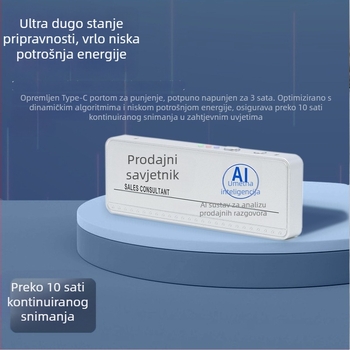 WiFi pametni bedž, tanak i kompaktan, s duljim kontinuiranim snimanjem — AI inteligencija, Windows OS, Bluetooth podrška, bežična veza WiFi na usmjerivač, domet 1,5–4 m; značajke: semantička analiza, obrada govora, podjela uloga.