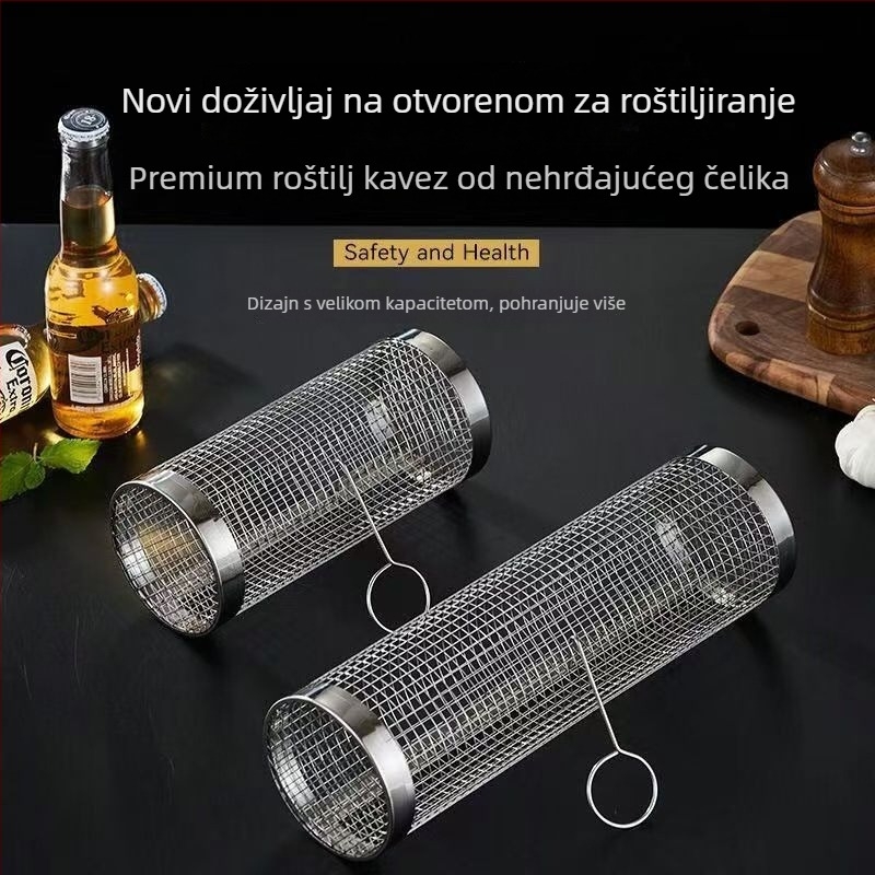 Okrugli koš za roštilj od nehrđajućeg čelika — prijenosni, lako se čisti, ne lijepi, mreža za roštilj