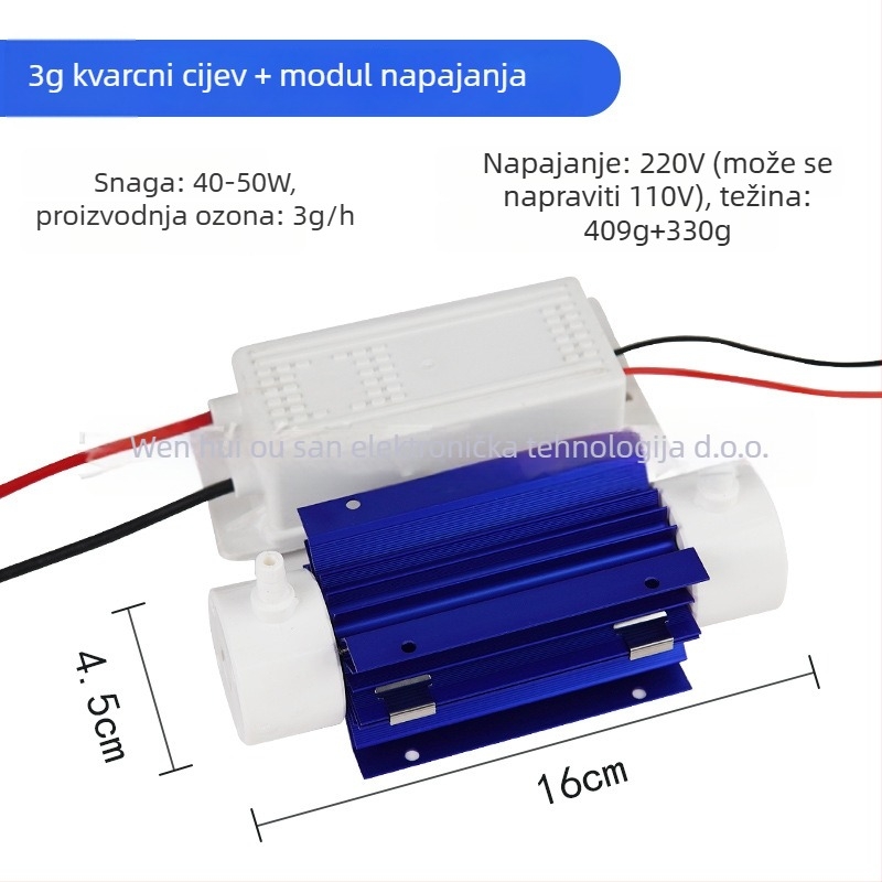 Ozonski generator za obradu vode s kvarcnim cijevima, dezinfekcija i sterilizacija, protok 50 m³/h, buka <36 dB, priključak na mrežu, pogodno za 61 m²+