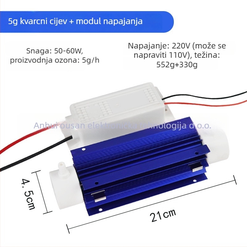 Ozonski generator za obradu vode s kvarcnim cijevima, dezinfekcija i sterilizacija, protok 50 m³/h, buka <36 dB, priključak na mrežu, pogodno za 61 m²+