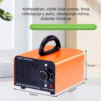 Automobilski ozonski generator za unutrašnjost vozila – uklanja mirise i formaldehid, dezinfekcija; tiho radi ispod 36 dB, protok zraka 151–300 m3/h; napajanje cigaretom, mehaničko upravljanje; pogodan za vozila do 10 m²