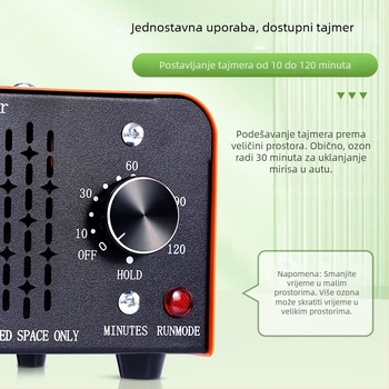 Automobilski ozonski generator za unutrašnjost vozila – uklanja mirise i formaldehid, dezinfekcija; tiho radi ispod 36 dB, protok zraka 151–300 m3/h; napajanje cigaretom, mehaničko upravljanje; pogodan za vozila do 10 m²