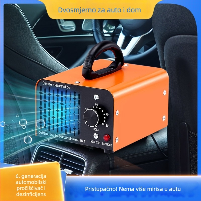 Automobilski ozonski generator za unutrašnjost vozila – uklanja mirise i formaldehid, dezinfekcija; tiho radi ispod 36 dB, protok zraka 151–300 m3/h; napajanje cigaretom, mehaničko upravljanje; pogodan za vozila do 10 m²