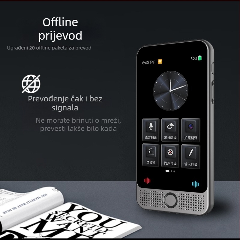 D1c međunarodni prevoditelj s istodobnim tlumačenjem, Android, Bluetooth, domet bežične 10 m, upravljanje gumbima i dodirnim zaslonom, video pozivi, ChatGPT integracija, ABS kućište, 185 g
