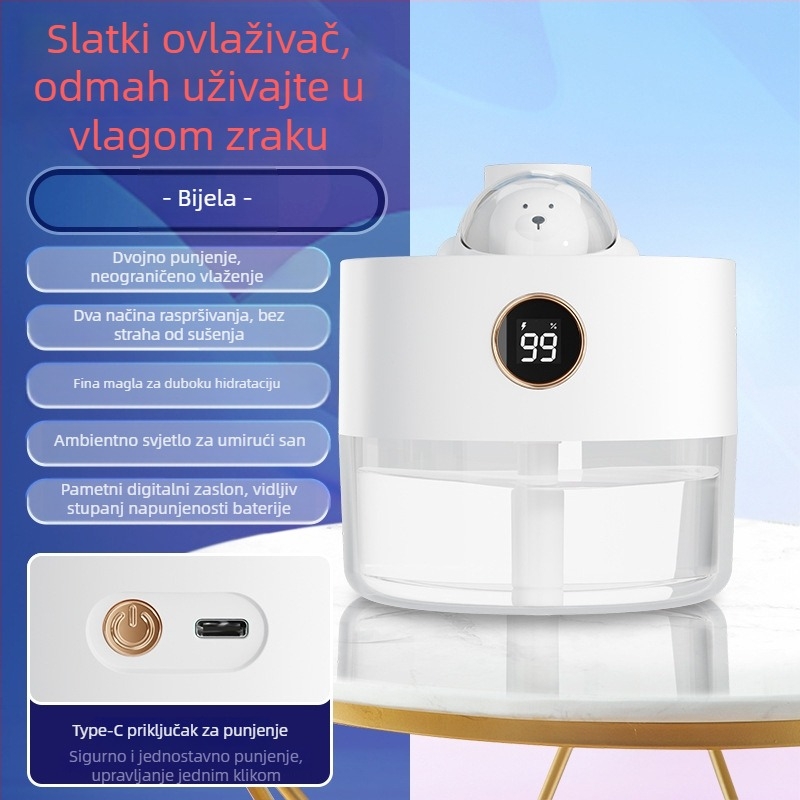 Ultrazvučni ovlaživač, 2 izlaza magle, USB napajanje, spremnik 0,5–1 L, buka 36–45 dB
