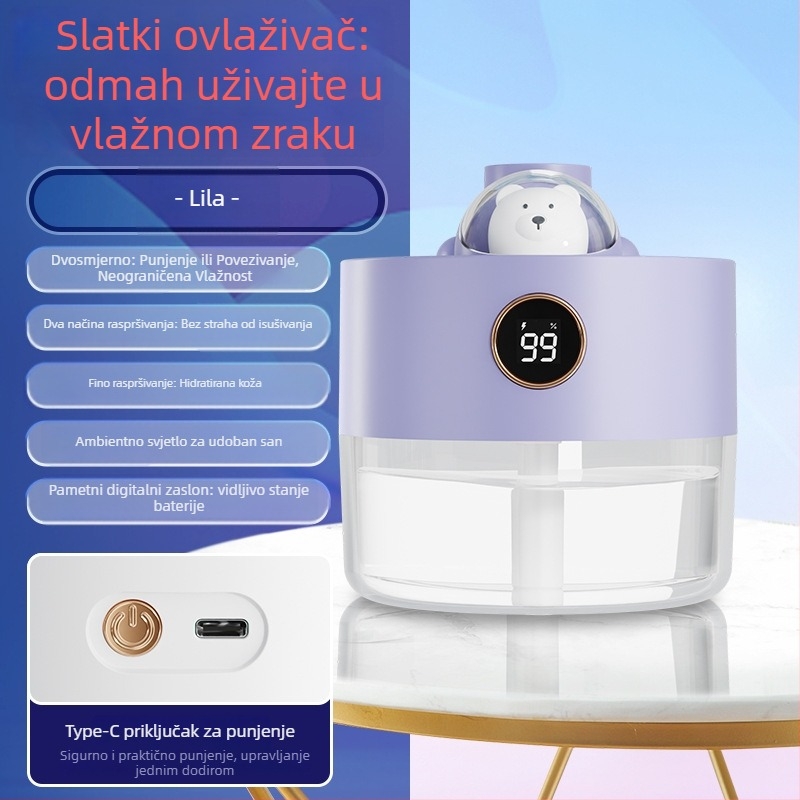 Ultrazvučni ovlaživač, 2 izlaza magle, USB napajanje, spremnik 0,5–1 L, buka 36–45 dB