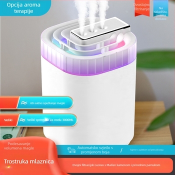 Ultrazvučni ovlaživač zraka za dom, stolni dizajn, 2.6–4 L spremnik, pokrivenost 41–60 m², 3 izlaza magle, aromaterapija, USB napajanje
