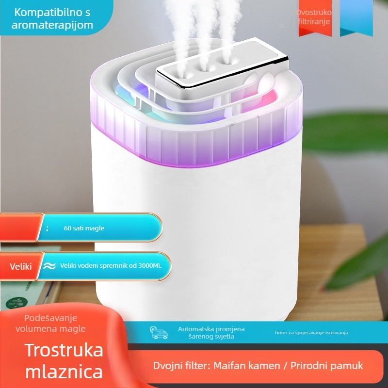 Ultrazvučni ovlaživač zraka za dom, stolni dizajn, 2.6–4 L spremnik, pokrivenost 41–60 m², 3 izlaza magle, aromaterapija, USB napajanje