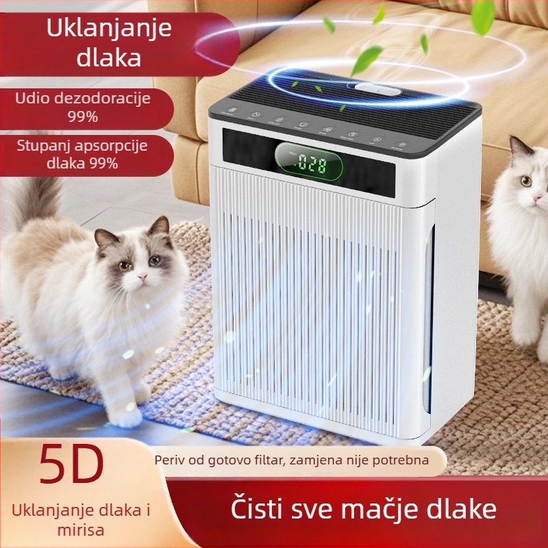 Desktop uređaj za uklanjanje mačjih dlaka i pročišćivač zraka — uklanjanje mirisa i peludi, tihi rad <36 dB, protok zraka <50 m³/h, pogodan za prostorije do 10 m²
