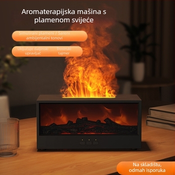 Ovlaživač zraka s aromaterapijom i 3D prikazom plamena kamina; USB napajanje, pokrivenost 21–30 m², spremnik 1.0–2.5 L, daljinsko upravljanje, tajmer 2–8 sati