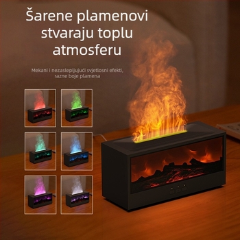 Ovlaživač zraka s aromaterapijom i 3D prikazom plamena kamina; USB napajanje, pokrivenost 21–30 m², spremnik 1.0–2.5 L, daljinsko upravljanje, tajmer 2–8 sati