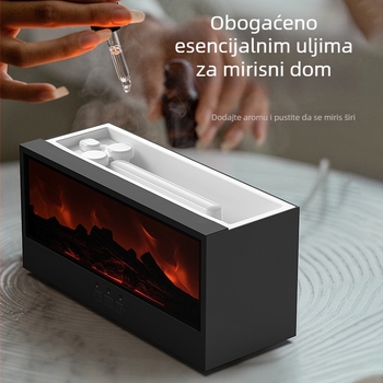 Ovlaživač zraka s aromaterapijom i 3D prikazom plamena kamina; USB napajanje, pokrivenost 21–30 m², spremnik 1.0–2.5 L, daljinsko upravljanje, tajmer 2–8 sati