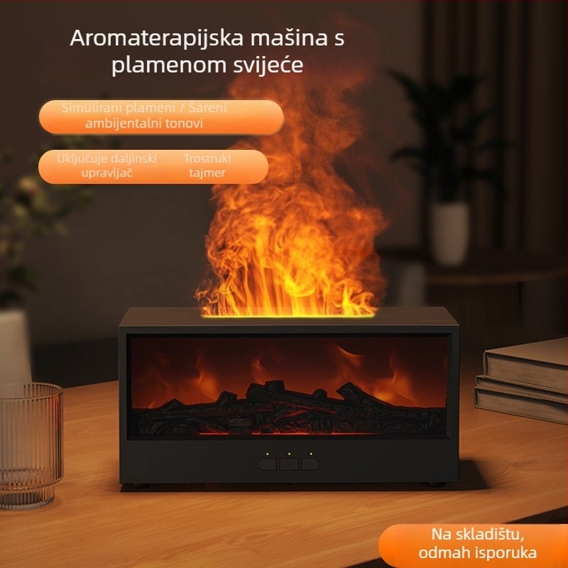 Ovlaživač zraka s aromaterapijom i 3D prikazom plamena kamina; USB napajanje, pokrivenost 21–30 m², spremnik 1.0–2.5 L, daljinsko upravljanje, tajmer 2–8 sati