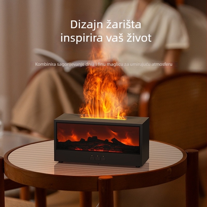 Ovlaživač zraka s aromaterapijom i 3D prikazom plamena kamina; USB napajanje, pokrivenost 21–30 m², spremnik 1.0–2.5 L, daljinsko upravljanje, tajmer 2–8 sati