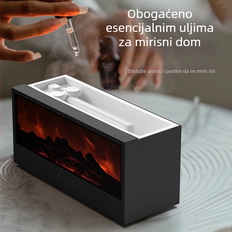 Ovlaživač zraka s aromaterapijom i 3D prikazom plamena kamina; USB napajanje, pokrivenost 21–30 m², spremnik 1.0–2.5 L, daljinsko upravljanje, tajmer 2–8 sati