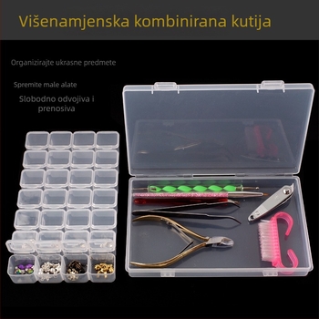 Modularna plastična kutija s 28 pretinaca za alate za nokte i sitni nakit; može se sastaviti i rastaviti.