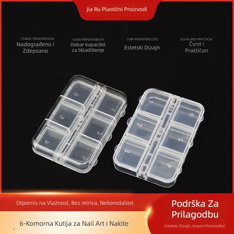Prozirna plastična kutija s šest odjeljaka za perlice i dodatke za nokte (PS)