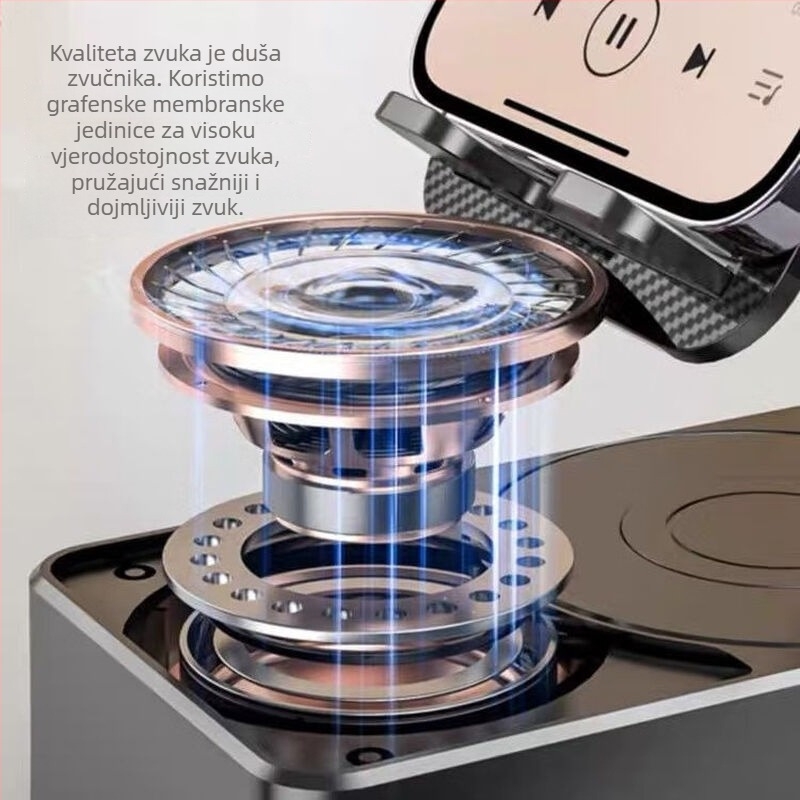 Pametan kućni držač za telefon, 360° okret, ugrađena baterija 4000–6000 mAh, Bluetooth zvučnik, 3‑u‑1, izlaz 5W (5V), frekvencijski odziv 60 Hz–15 kHz, SNR ≥ 70 dB