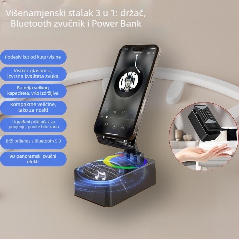 Pametan kućni držač za telefon, 360° okret, ugrađena baterija 4000–6000 mAh, Bluetooth zvučnik, 3‑u‑1, izlaz 5W (5V), frekvencijski odziv 60 Hz–15 kHz, SNR ≥ 70 dB