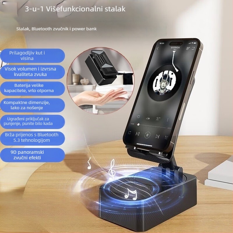 Pametan kućni držač za telefon, 360° okret, ugrađena baterija 4000–6000 mAh, Bluetooth zvučnik, 3‑u‑1, izlaz 5W (5V), frekvencijski odziv 60 Hz–15 kHz, SNR ≥ 70 dB