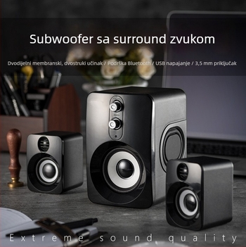 Subwoofer zvučnik za kućnu i stolnu upotrebu s Bluetoothom, opseg frekvencija 65 Hz–20 kHz, SNR ≥95 dB, nazivna snaga 5W, doseg 10 m