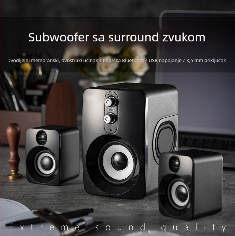 Subwoofer zvučnik za kućnu i stolnu upotrebu s Bluetoothom, opseg frekvencija 65 Hz–20 kHz, SNR ≥95 dB, nazivna snaga 5W, doseg 10 m