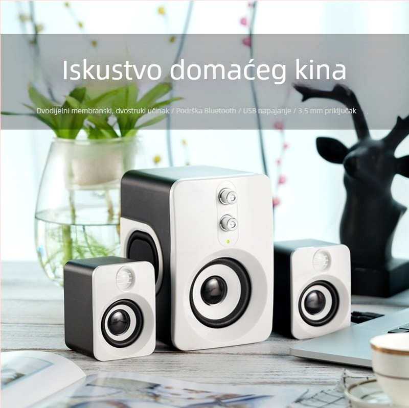 Subwoofer zvučnik za kućnu i stolnu upotrebu s Bluetoothom, opseg frekvencija 65 Hz–20 kHz, SNR ≥95 dB, nazivna snaga 5W, doseg 10 m