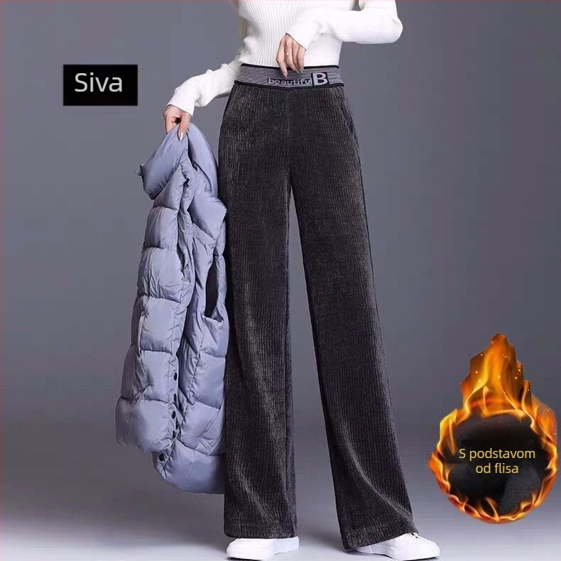 Ženske hlače od corduroya, široke nogavice, casual, jesen-zima, debeli ravni kroj, plus veličina