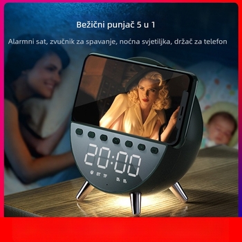 Bluetooth zvučnik s satom, budilicom, noćnim svjetlom i bežičnim punjenjem (Bluetooth 5.1 • 4W izlaz • 80 Hz–20 kHz • domet 15 m • ugrađena baterija)