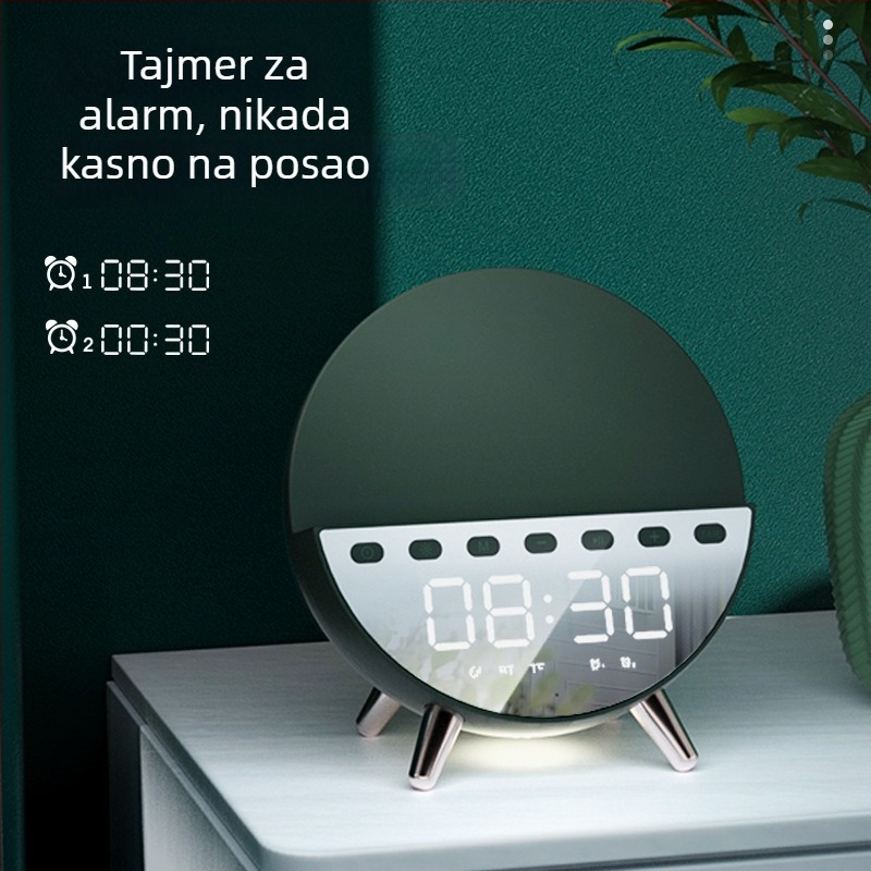Bluetooth zvučnik s satom, budilicom, noćnim svjetlom i bežičnim punjenjem (Bluetooth 5.1 • 4W izlaz • 80 Hz–20 kHz • domet 15 m • ugrađena baterija)
