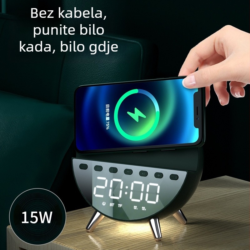 Bluetooth zvučnik s satom, budilicom, noćnim svjetlom i bežičnim punjenjem (Bluetooth 5.1 • 4W izlaz • 80 Hz–20 kHz • domet 15 m • ugrađena baterija)
