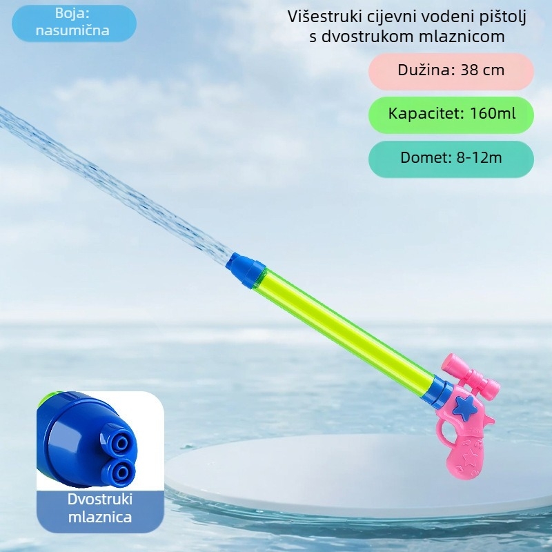 Igračka vodeni pištolj – visoki tlak, dugi domet, plastika, vučni mehanizam, za uzrast 15–35 godina.