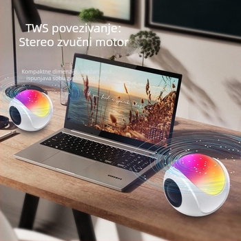 Mini stolni Bluetooth zvučnik — Bluetooth 5.3; 3 W izlaz; frekvencijski odziv 60 Hz–15 kHz; SNR ≥85 dB; ugrađena baterija 800–1000 mAh