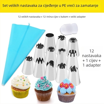 Set cijevi za ukrašavanje od nehrđajućeg čelika, 14-dijelni, s vrećicama za ukrašavanje i pretvaračem, vrhovi nepravilnog oblika za deserte