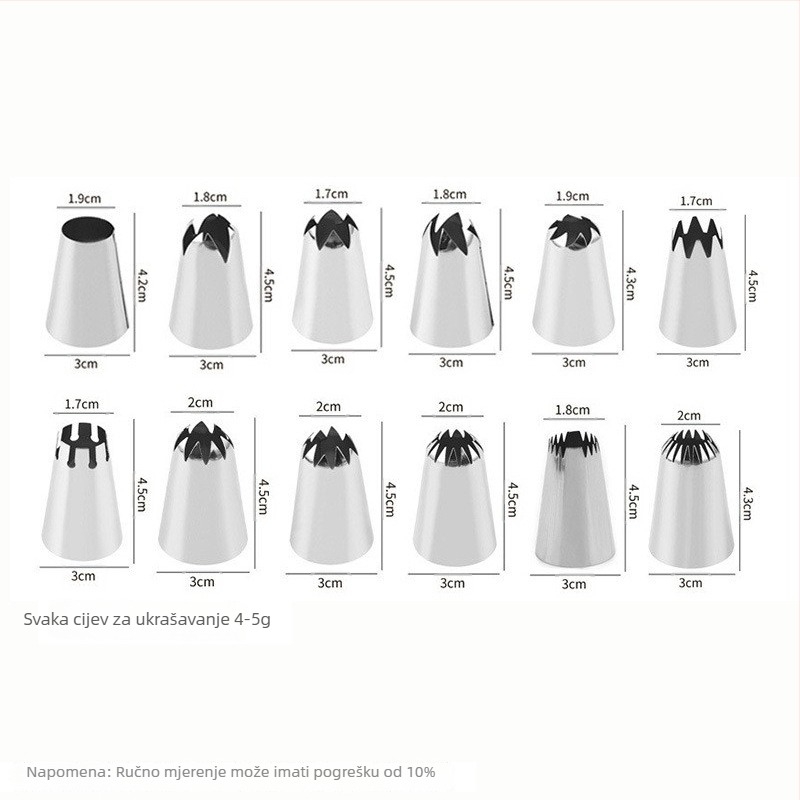 Set cijevi za ukrašavanje od nehrđajućeg čelika, 14-dijelni, s vrećicama za ukrašavanje i pretvaračem, vrhovi nepravilnog oblika za deserte