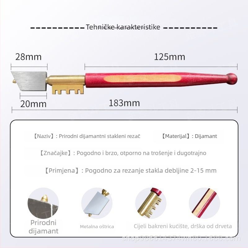 Prirodni dijamantni rezač stakla s drvenom ručkom, za kućnu upotrebu