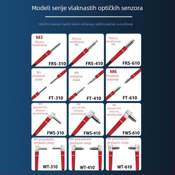 Senzor vlaknastih optičkih vlakana FRS-310 s difuznim refleksijama, sonda FT-610 linijski par i pojačalo M3/M4/M6; domet detekcije 10; vrijeme odziva 0,1; ulazno napajanje 24; izlaz IO; radna temperatura 35