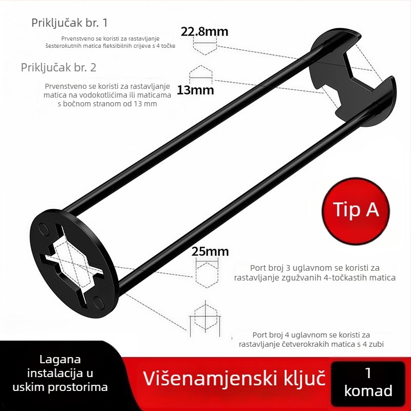 Višenamjenski ključ za sudoper — Pet u jedan za instalaciju i popravak slavine u kupaonici — čelik, premaz sprejem