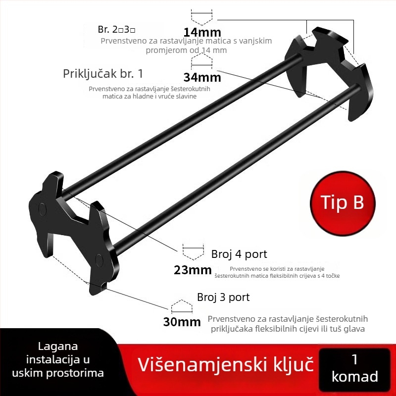 Višenamjenski ključ za sudoper — Pet u jedan za instalaciju i popravak slavine u kupaonici — čelik, premaz sprejem