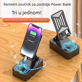 Bluetooth inteligentni okretni držač za telefon s ugrađenim zvučnikom i power bankom — Bluetooth 5.3, 500–800 mAh, 5W, domet 10 m