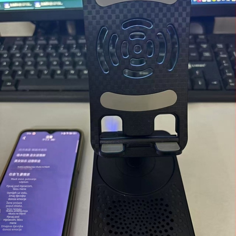 Bluetooth inteligentni okretni držač za telefon s ugrađenim zvučnikom i power bankom — Bluetooth 5.3, 500–800 mAh, 5W, domet 10 m