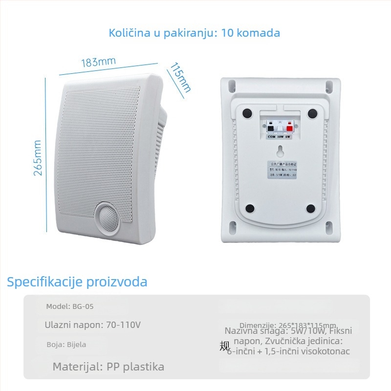 Zidni zvučnik BG-05 s dvostrukim rogom, 10W izlaz, raspon frekvencija 100 Hz–20 kHz, SNR ≥75 dB, Bluetooth 4.1