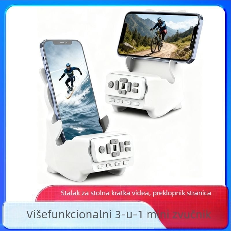 Trostruki držač za telefon i Bluetooth zvučnik s daljinskim upravljačem za prelistavanje stranica i lajkanje; Bluetooth 5.3, izlaz 5W, domet 15 m, ugrađena baterija 1000–1200 mAh, USB punjenje